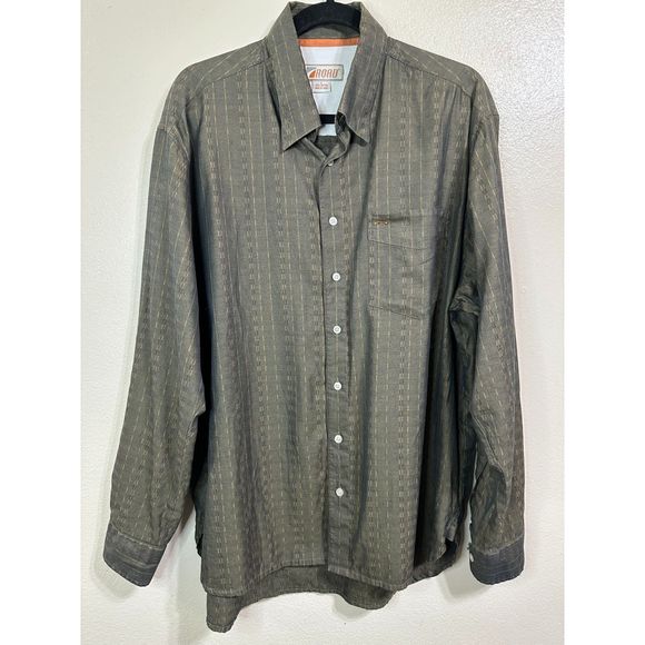 Road Men's Striped Olive Green Long Sleeve Casual Button Down Cotton Top Sz L - Picture 1 of 3